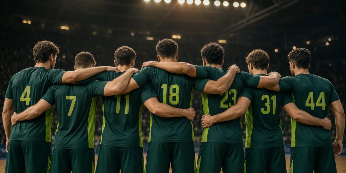 Team in dunkelgrüner Spielkleidung bei einer gemeinsamen Teamrunde