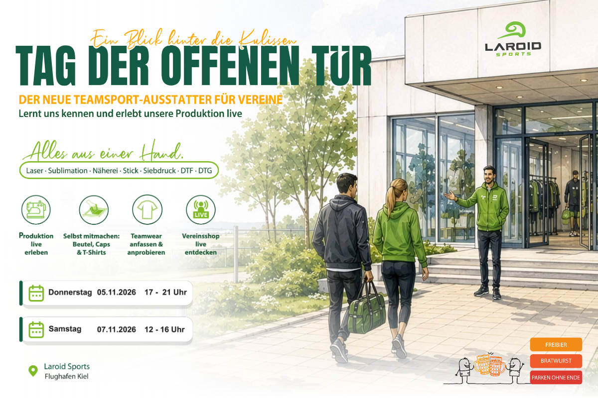 Tag der offenen Tür bei Laroid Sports: Produktion live erleben, selbst mitmachen, Teamwear anprobieren und Vereinsshops entdecken.